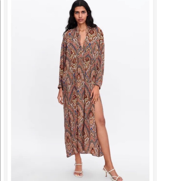 Zara Bohemian Print Side Slit V-Neck Maxi Dress Tunic - Picture 7 of 12
